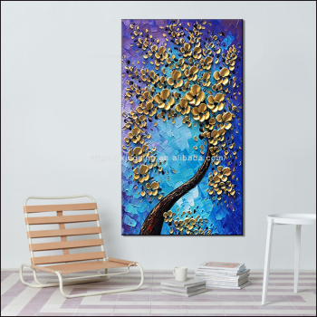 Newest sale golden flowers on blue background theme art paintings print handmade canvas oil painting