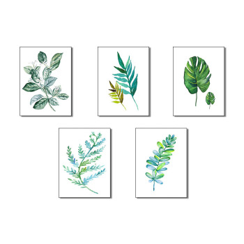 Póster de planta verde nórdica, 5 paneles, lienzo, arte de pared, hojas modernas, pinturas al óleo, arte, dormitorio, decoración para sala de estar