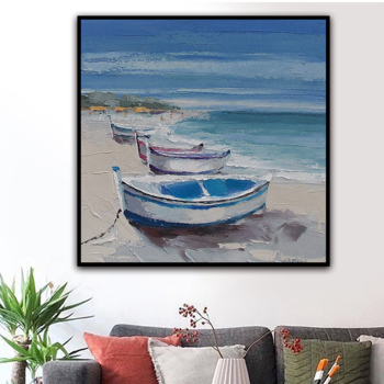 handmade oil painting Boats on the beach Thick texture home decor  Wall Decoration