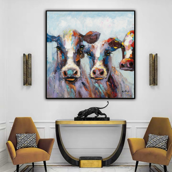 Hand Painted Cool Cows Canvas Oil Paintings Wall Art for Living Room Home Animals Decor for Kids Room Stretched Ready to hang