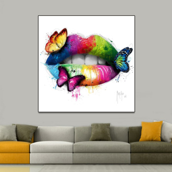 HD Printed red green Lips With Butterfly Painting Canvas Print room decor print picture canvas