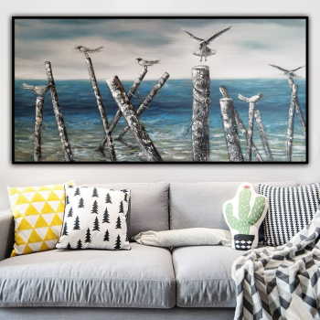 handmade oil  painting Thick texture Birds on dead wood by the sea for home decorate