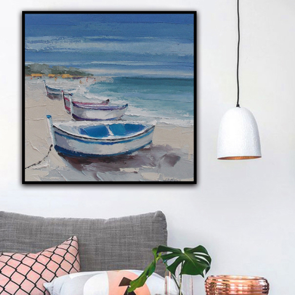 handmade oil painting Boats on the beach Thick texture home decor  Wall Decoration