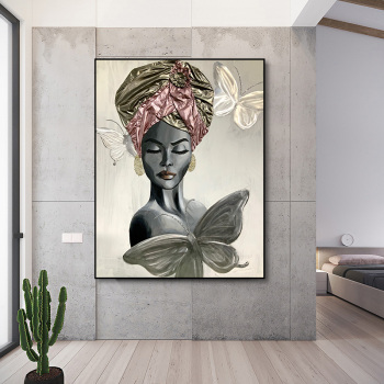 Customize modern metal painting art black woman canvas oil painting for hotel, wall art artworks handmade painting kits