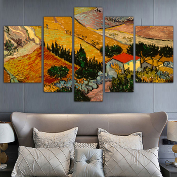 Factory Wholesale Framless Art Print Living room decoration five panel oil painting village field landscape canvas painting