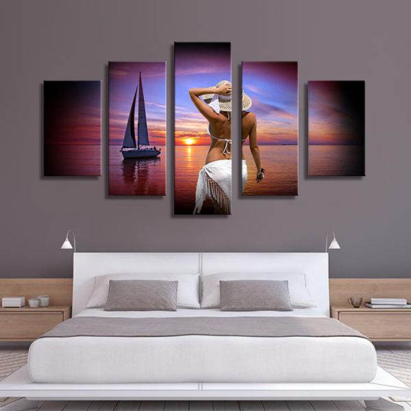 unframed 5 panel printed oil painting of beautiful girl art wall decoration for home