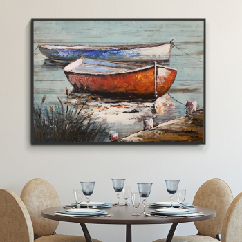 Handmade Texture Oil PaintingTwo small boats docked by the river Abstract Art Wall Pictures for Home Office Decoration