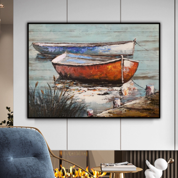 Handmade Texture Oil PaintingTwo small boats docked by the river Abstract Art Wall Pictures for Home Office Decoration