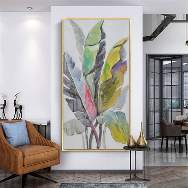 Handmade Abstract Design Wall Art Canvas Oil Painting On Canvas, Stretched Color banana leaves Oil Painting
