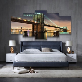 Golden Gate Bridge Night Scenic Art Printed Canvas Painting, Decorative Artwork 5 Panel Wall Art Set