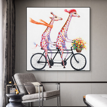 Diseño de dibujos animados pintado jirafa andar en bicicleta diy pintura al óleo por números, pintura de arte animal encantador por números sin marco