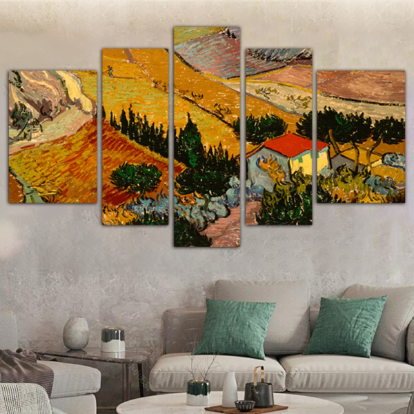 Factory Wholesale Framless Art Print Living room decoration five panel oil painting village field landscape canvas painting