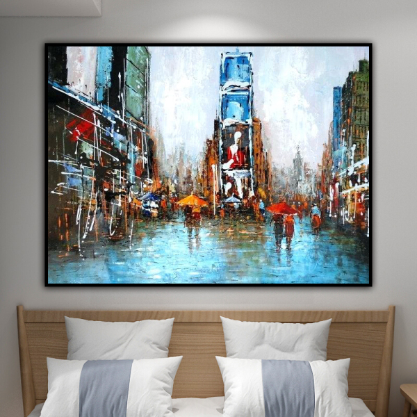 100% Handmade  Texture Oil Painting City with busy street view Abstract Art Wall Pictures for Living Room Home Office Decoration