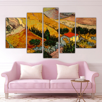 Factory Wholesale Framless Art Print Living room decoration five panel oil painting village field landscape canvas painting