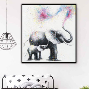 Decoración de pared hecha a mano Elefantes rociar arcoíris en elefantes bebé Arte abstracto de la lona Pintura al óleo decoración de la pared