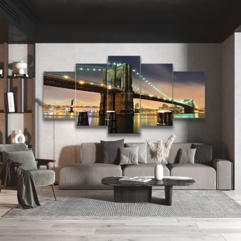Golden Gate Bridge Night Scenic Art Printed Canvas Painting, Decorative Artwork 5 Panel Wall Art Set