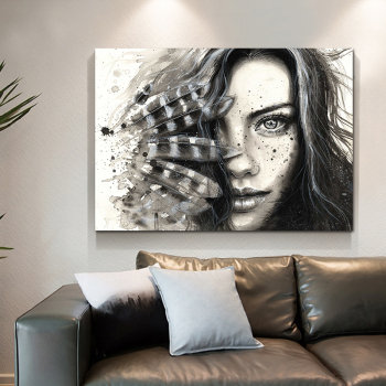Feather Long Hair Girl Modern Frameless Printing Wall Art Home Black And White Decorative Oil Painting