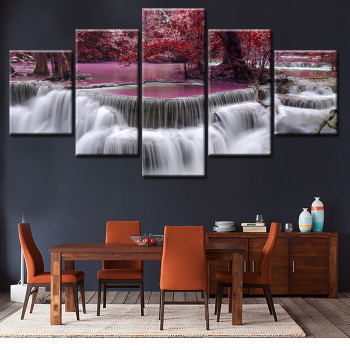 Красные кленовые деревья и ручьи Красивая картина маслом Холст Спрей Живопись 5 Декоративные картины на стене
