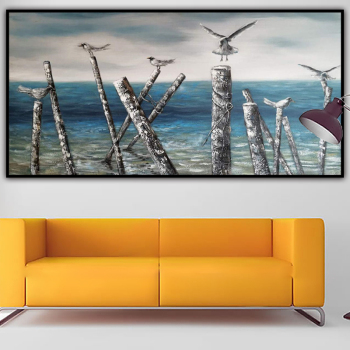 handmade oil  painting Thick texture Birds on dead wood by the sea for home decorate