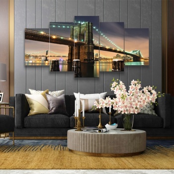 Golden Gate Bridge Night Scenic Art Printed Canvas Painting, Decorative Artwork 5 Panel Wall Art Set