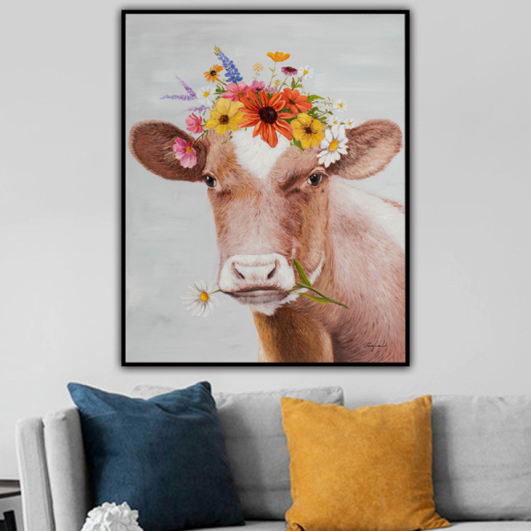 High Quality Animal Art Handmade Cow Head with flowers home Oil Painting on Canvas