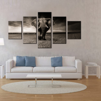5 morceaux de décoration d'affiche de peinture à l'huile d'impression d'art d'éléphant de route grise
