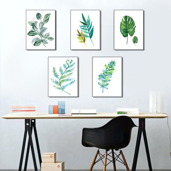 Nordic grüne Pflanze Poster 5 Panels Leinwand Wandkunst moderne Blatt Ölgemälde Kunst Schlafzimmer Wohnzimmer Dekor