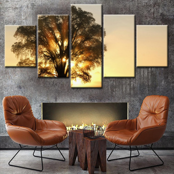Die untergehende Sonne durchdringt den Blick auf den hohen Baum 5 Stück Ölgemälde auf Leinwand, Sprühmalerei, Heimwanddekoration, Malerei