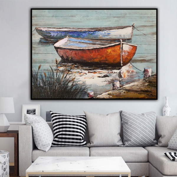 Handmade  Texture Oil PaintingTwo small boats docked by the river Abstract Art Wall Pictures for Home Office Decoration