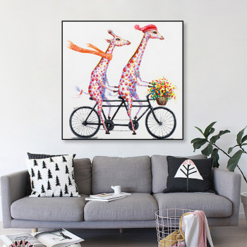 Diseño de dibujos animados pintado jirafa andar en bicicleta diy pintura al óleo por números, pintura de arte animal encantador por números sin marco