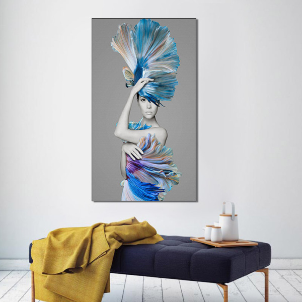 Abstract Beautiful Lady Wall Art Canvas Painting In Hat With Peacock Feathers Artwork Print Home Decor