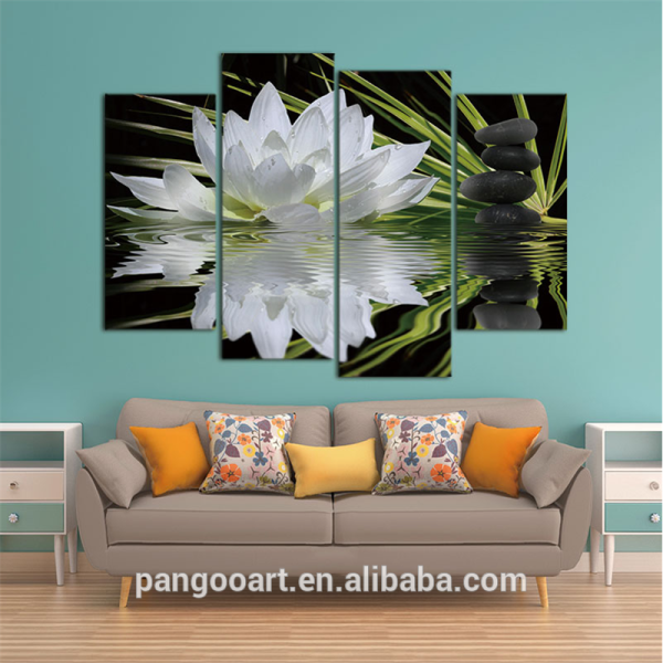 4 unids / set lienzo impreso flor loto blanco en negro cuadro de arte de pared con pinturas de pared modernas cuadro modular