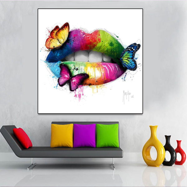 HD Printed red green Lips With Butterfly Painting Canvas Print room decor print picture canvas