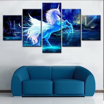 La pintura impresa de 5 paneles del caballo blanco corriendo para la decoración del hogar o el hotel