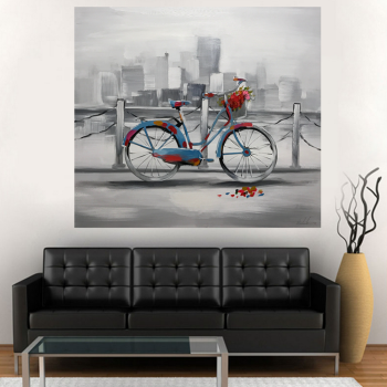 City River Landscape Bicycle Handmade Modern Decoration Canvas Painting Art Decor Handmade Oil Painting