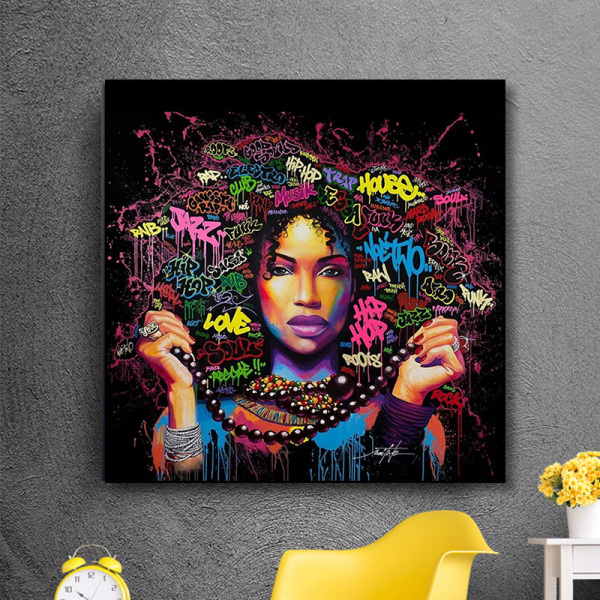 Wholesale living room hotel wall decor painting, sex black lady graffiti art painting, short lint print canvas painting