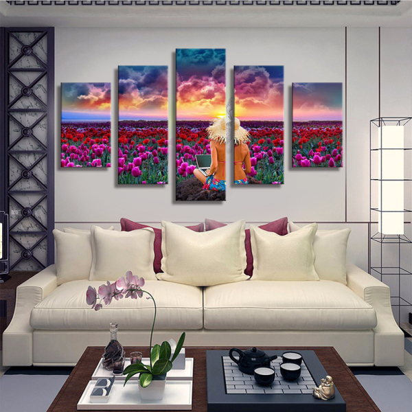 unframed 5 panel printed oil painting of beautiful girl art wall decoration for home
