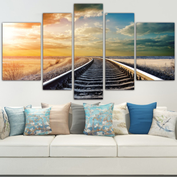Best Short Lint Canvas Wholesale 5 Panel Setting Sun Scenery Railroad Track Digital Printing Canvas Painting