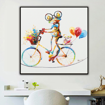 Grenouille colorée 100% faite à la main sur un vélo Peinture à l'huile animale faite à la main sur la toile