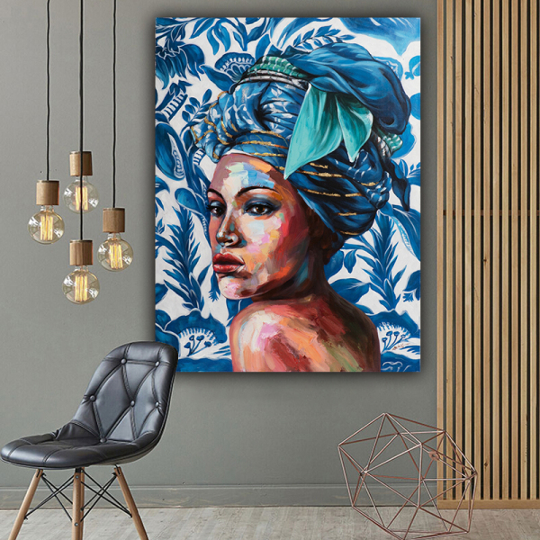 Handmade  Texture Oil Painting The blue one with the headscarf Abstract Art Wall Pictures  Decoration