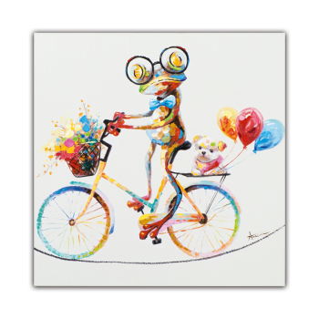 Grenouille colorée 100% faite à la main sur un vélo Peinture à l'huile animale faite à la main sur la toile
