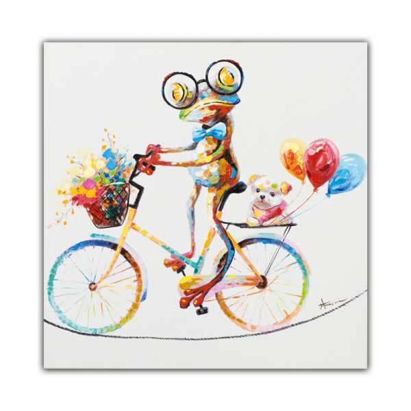 100% handmade Colourful Frog riding a bicycle Animal Handmade oil painting on the Canvas