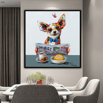 Hot selling 100% handmade modern colorful animal abstract POP art dog read newspapers oil painting on canvas for home decor