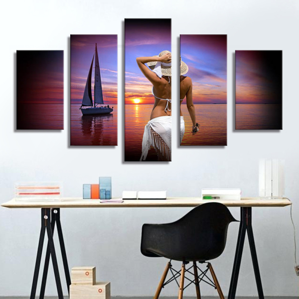 unframed 5 panel printed oil painting of beautiful girl art wall decoration for home