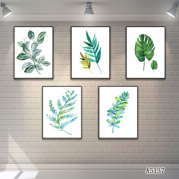 Nordic grüne Pflanze Poster 5 Panels Leinwand Wandkunst moderne Blatt Ölgemälde Kunst Schlafzimmer Wohnzimmer Dekor