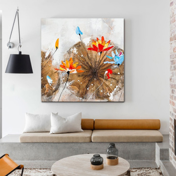 Handmade canvas flower oil painting vintage lotus wall art picture for living room modern abstract home decoration