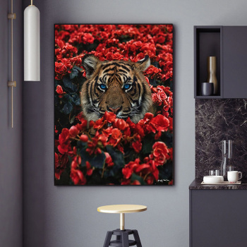 Pintura en aerosol de tigre en la última pintura decorativa de lienzo de flores del porche de la sala de estar