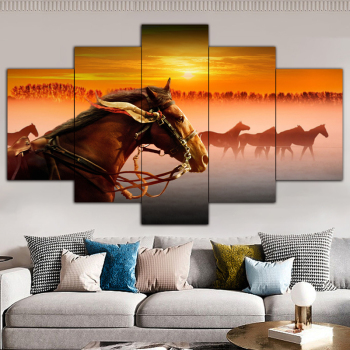 Lienzo pintado pintura 5 juegos de pintura combinada grupo de caballos decoración del hogar pintura bajo la puesta de sol
