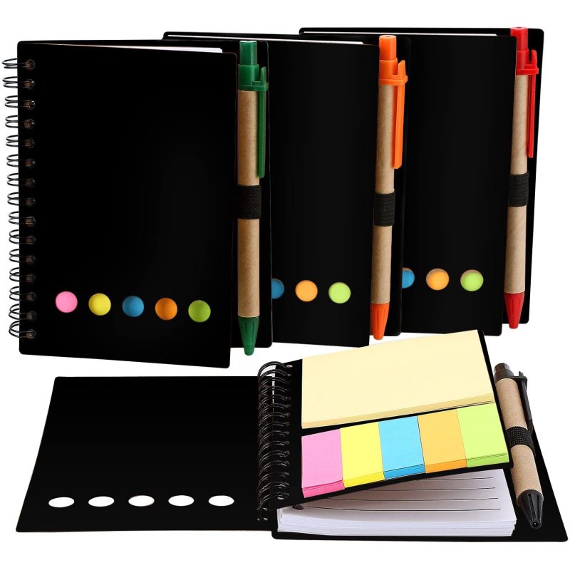 4 paquets de bloc-notes doublé pour cahier à spirale avec stylo dans le support et notes autocollantes
