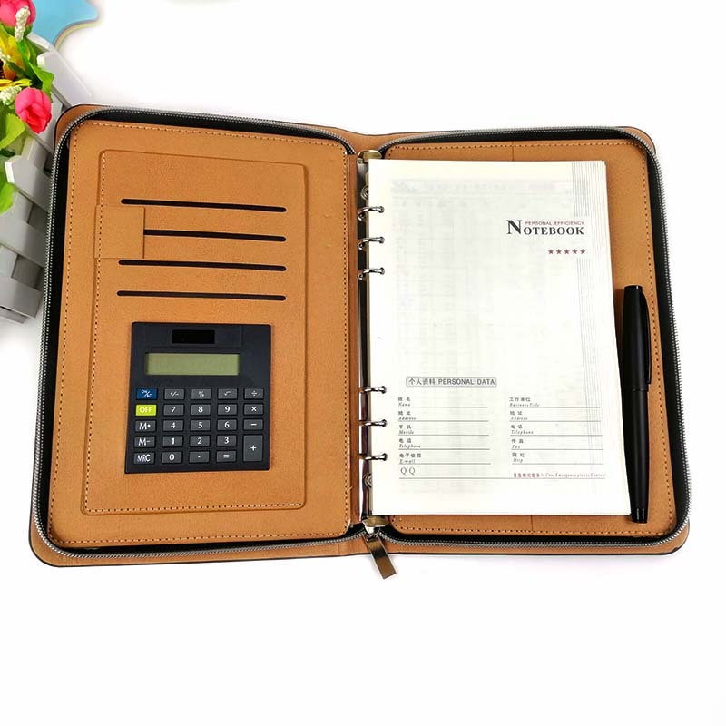 Cuaderno de cuero PU con encuadernación en espiral con calculadora